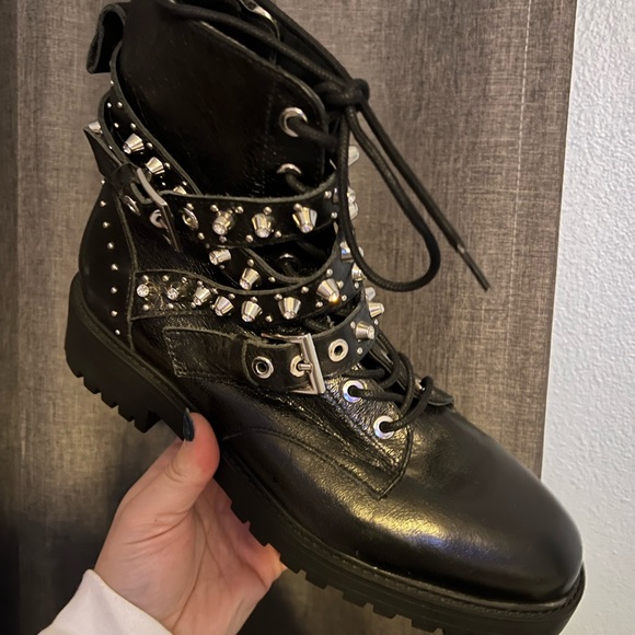 Zara Leather Jeweled Studded Moto Zara Shoe - Picture 3 of 15